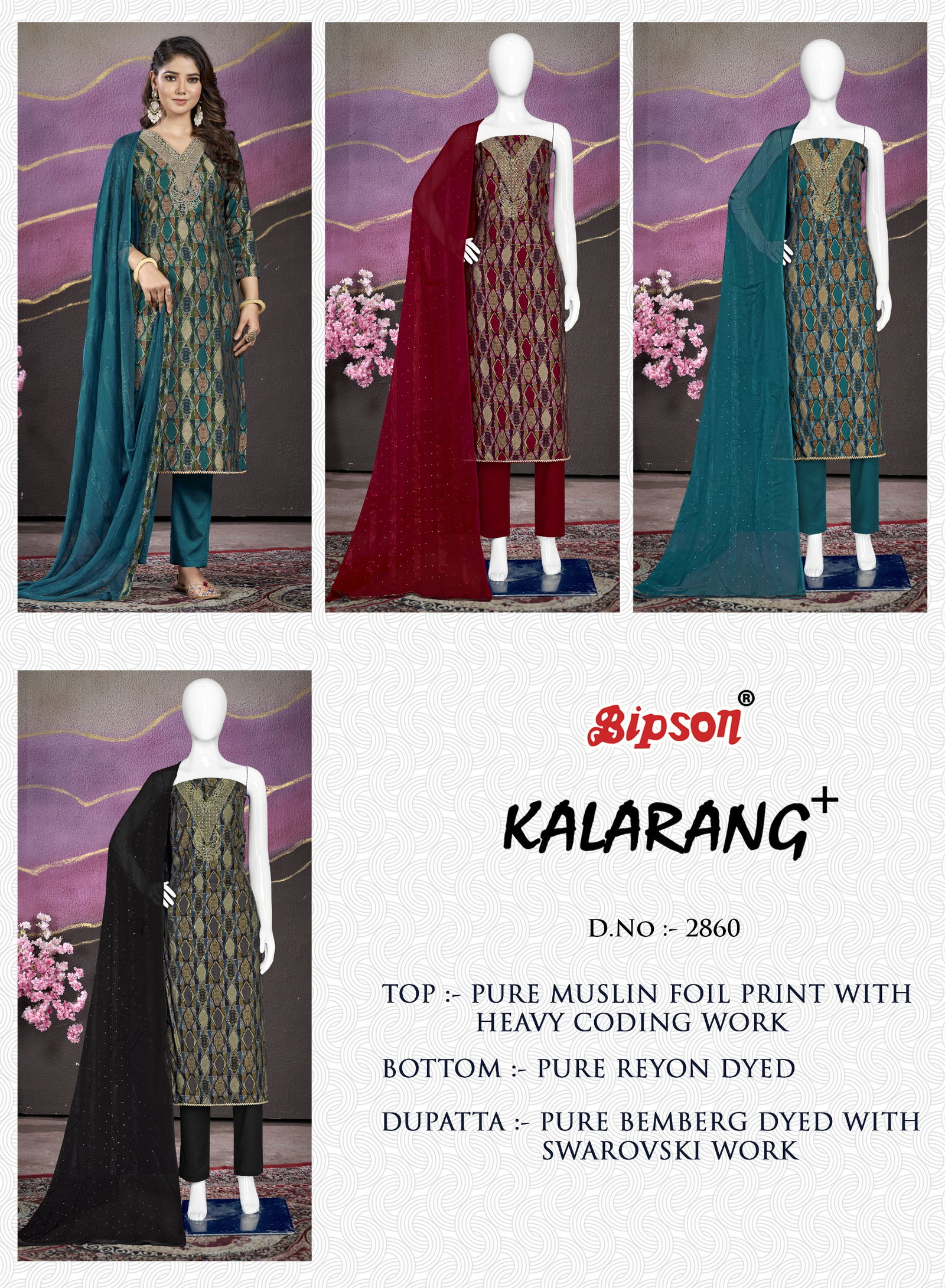 Kalarang 2860 By Bipson Viscose Muslin Printed Non Catalog Dress Material Wholesale Shop In Surat
